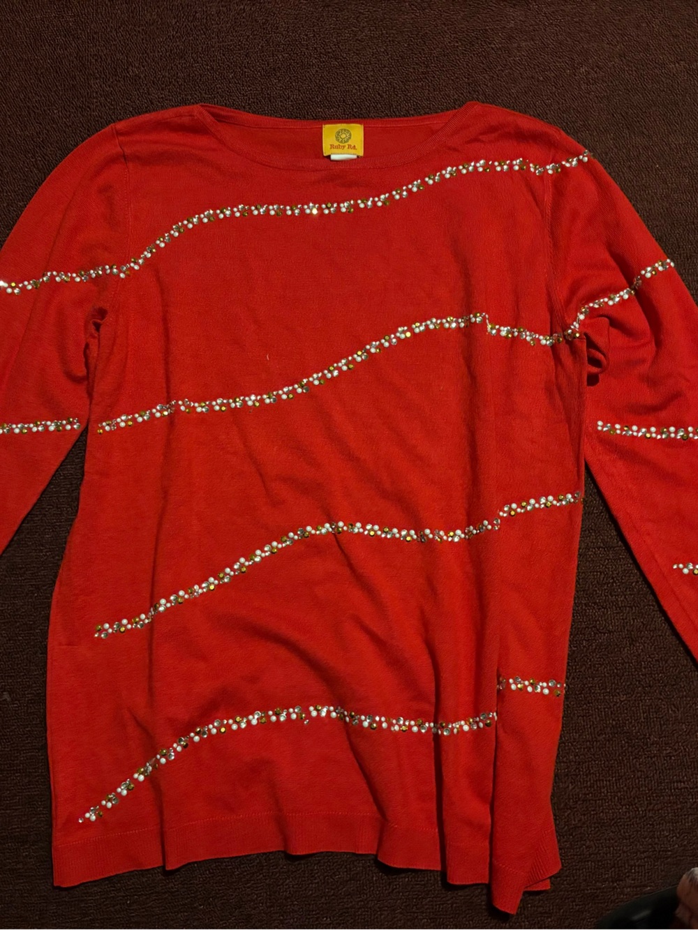 Embellished Red Sweater with Rhinestone Stripes